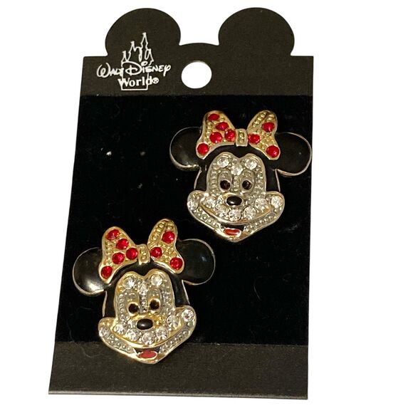 Vintage Disney Minnie Mouse Earrings Post Crystal Rhinestone Enamel Taiwan - Picture 2 of 10